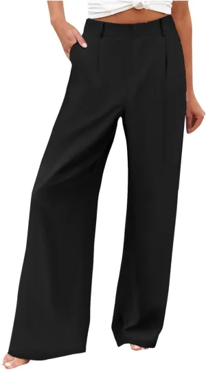 Womens Cotton Linen Pants High Waisted Button Up Summer Beach Pants Wide Leg Baggy Casual Flowy Dressy Trousers