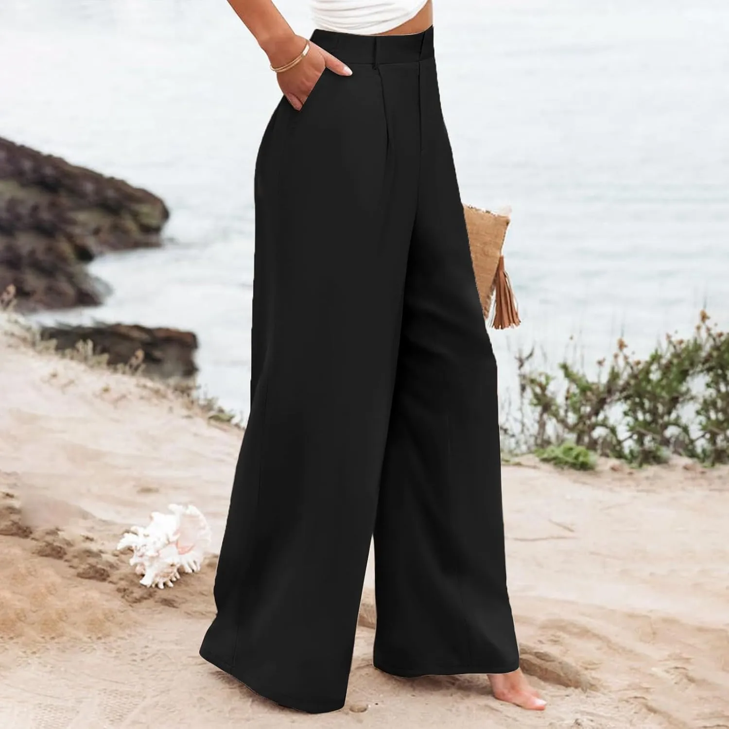 Womens Cotton Linen Pants High Waisted Button Up Summer Beach Pants Wide Leg Baggy Casual Flowy Dressy Trousers