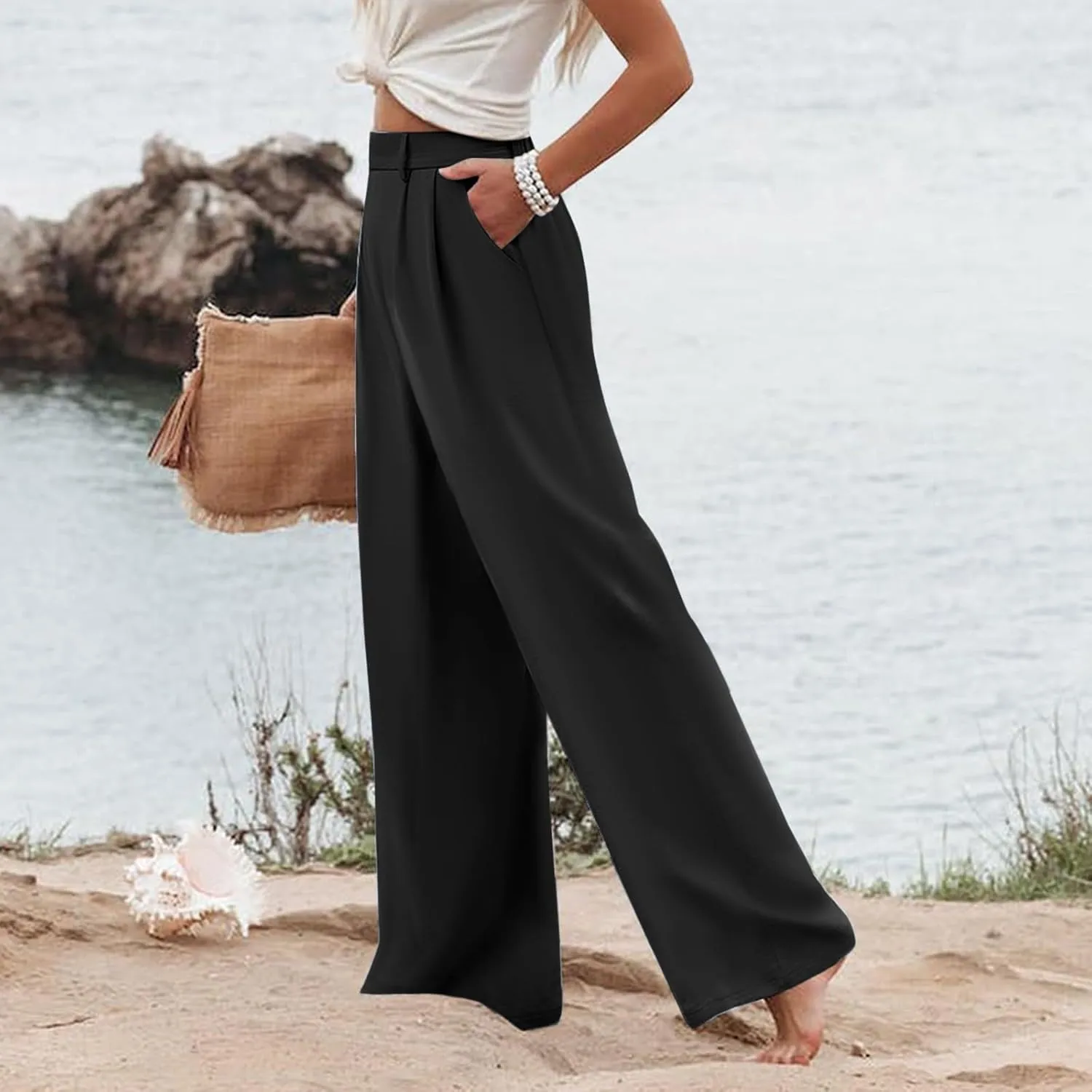 Womens Cotton Linen Pants High Waisted Button Up Summer Beach Pants Wide Leg Baggy Casual Flowy Dressy Trousers