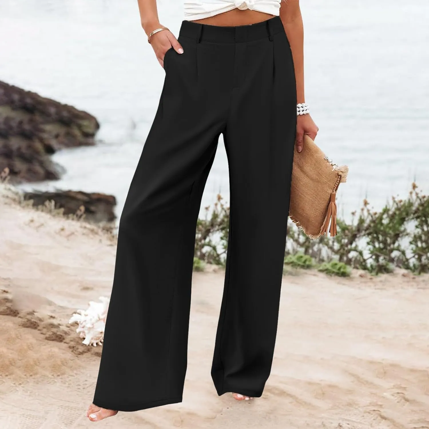 Womens Cotton Linen Pants High Waisted Button Up Summer Beach Pants Wide Leg Baggy Casual Flowy Dressy Trousers