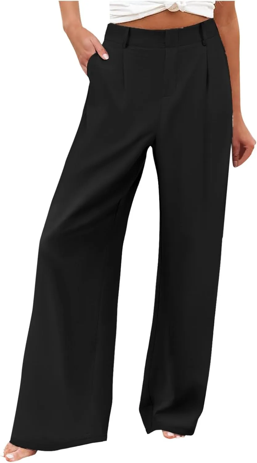 Womens Cotton Linen Pants High Waisted Button Up Summer Beach Pants Wide Leg Baggy Casual Flowy Dressy Trousers