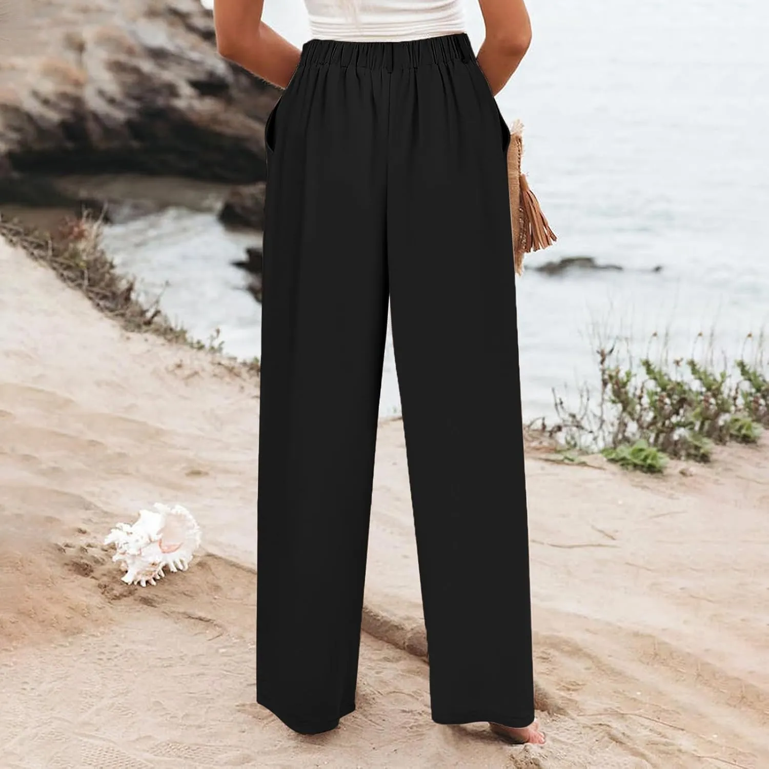 Womens Cotton Linen Pants High Waisted Button Up Summer Beach Pants Wide Leg Baggy Casual Flowy Dressy Trousers