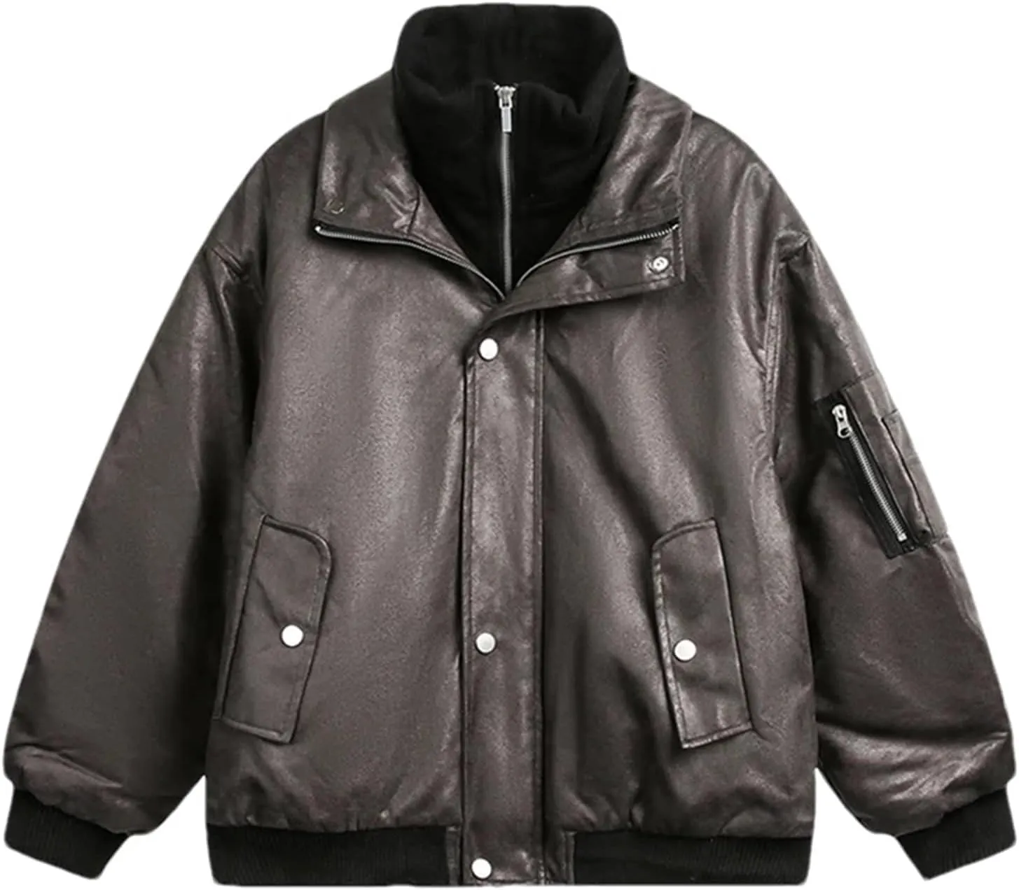 Women's Cotton -Padded Faux Leatherjacket Winter Fake 2 Pcs Double Zipper Cropped Warm Biker Coat
