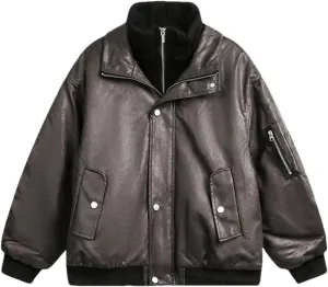Women's Cotton -Padded Faux Leatherjacket Winter Fake 2 Pcs Double Zipper Cropped Warm Biker Coat