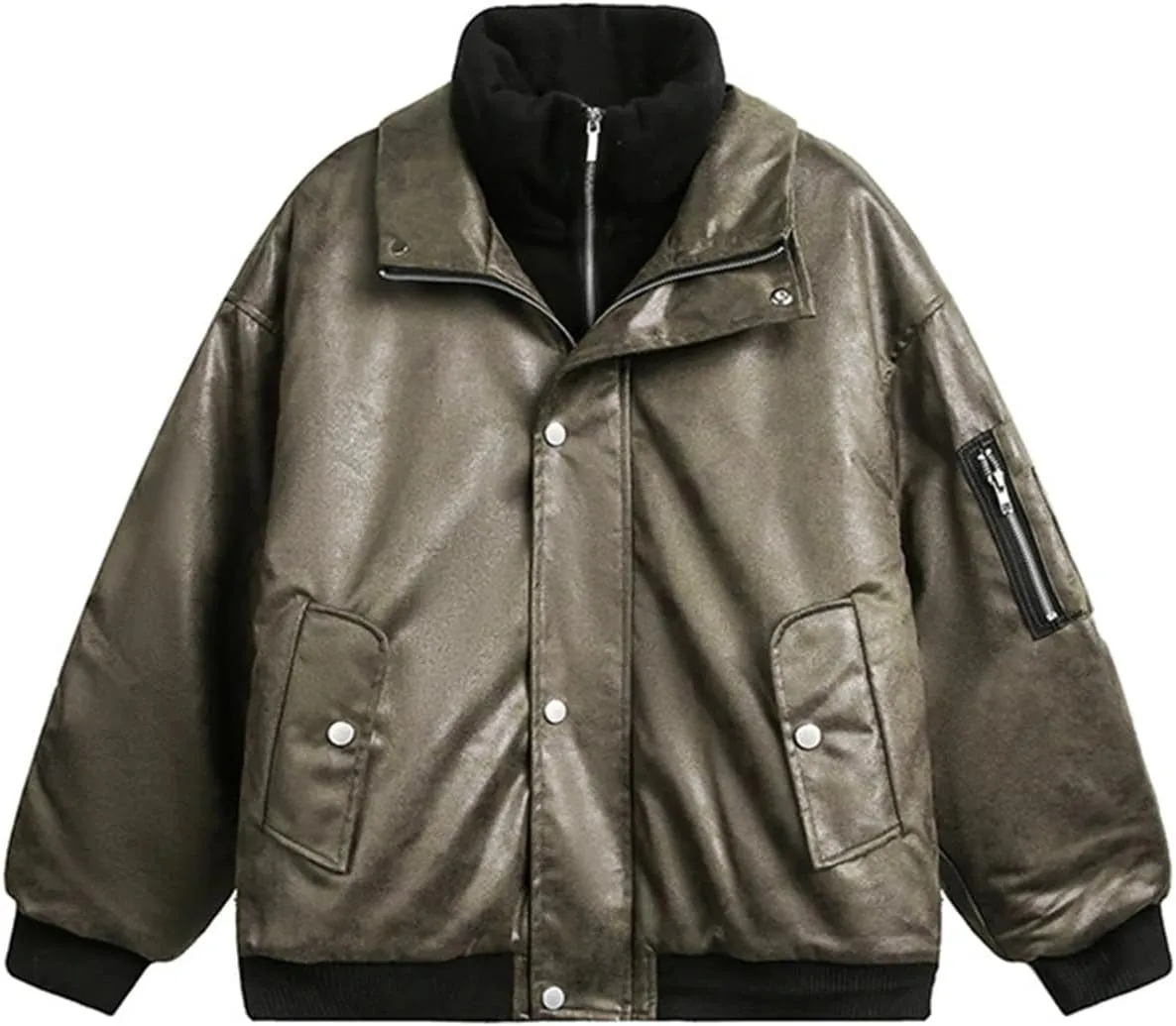 Women's Cotton -Padded Faux Leatherjacket Winter Fake 2 Pcs Double Zipper Cropped Warm Biker Coat