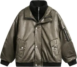 Women's Cotton -Padded Faux Leatherjacket Winter Fake 2 Pcs Double Zipper Cropped Warm Biker Coat