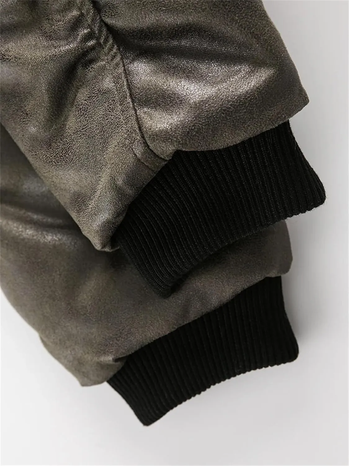 Women's Cotton -Padded Faux Leatherjacket Winter Fake 2 Pcs Double Zipper Cropped Warm Biker Coat