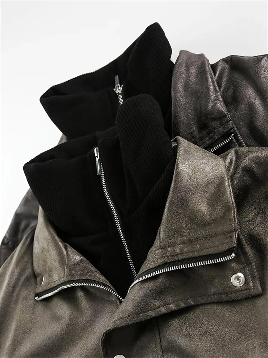 Women's Cotton -Padded Faux Leatherjacket Winter Fake 2 Pcs Double Zipper Cropped Warm Biker Coat