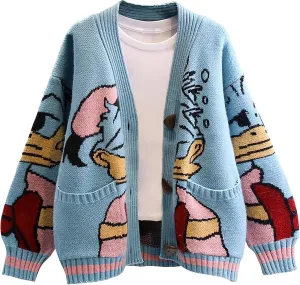 Womens Cute Embroidery Cartoon Duck Cable Knit Cardigans Sweater Button Down Slouchy Wool Blend Coat