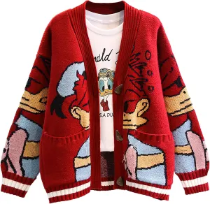Womens Cute Embroidery Cartoon Duck Cable Knit Cardigans Sweater Button Down Slouchy Wool Blend Coat