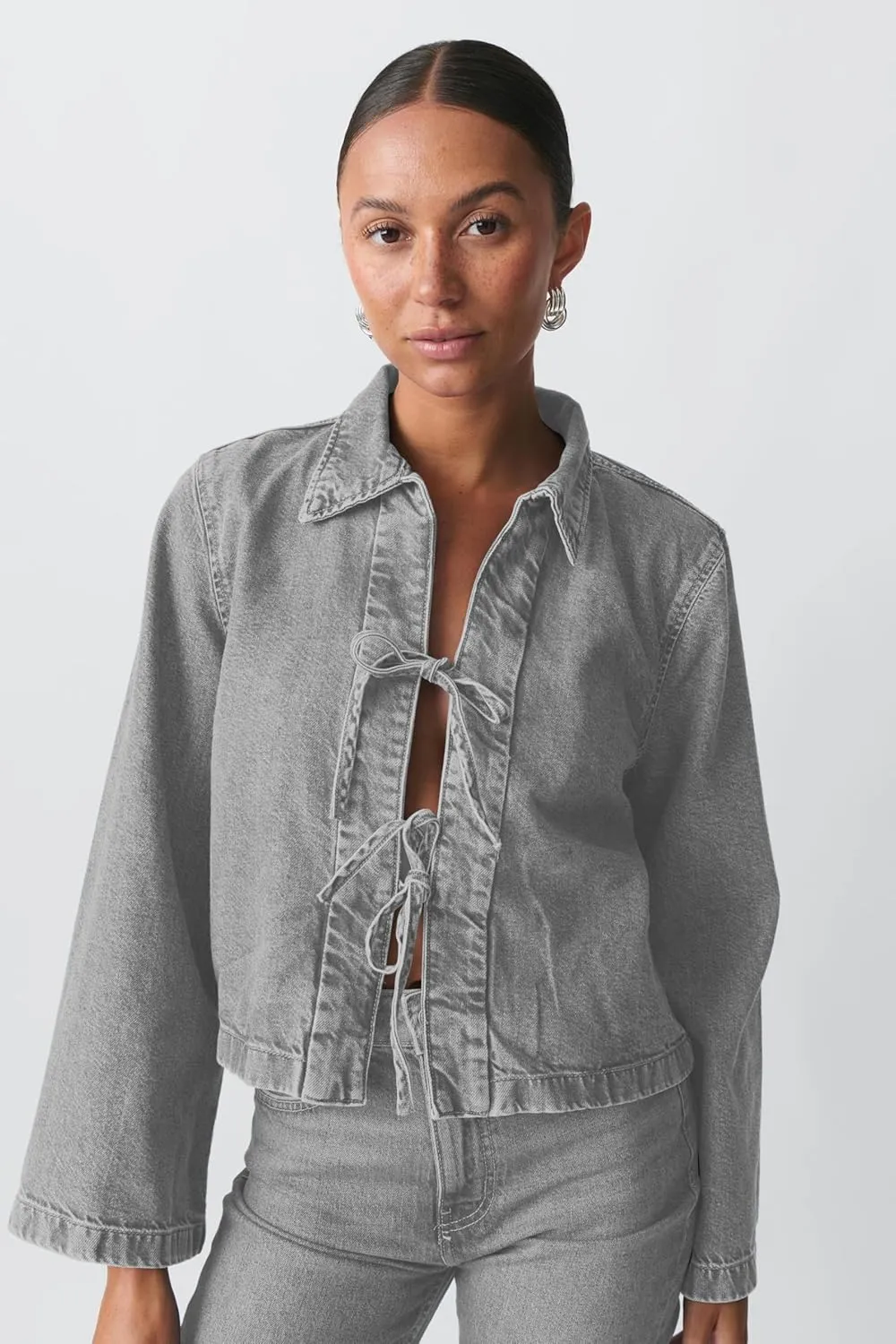 Womens Denim Jackets Shirt Y2k Casual Loose Fit Tie Front Tops Fashion Jean Coat