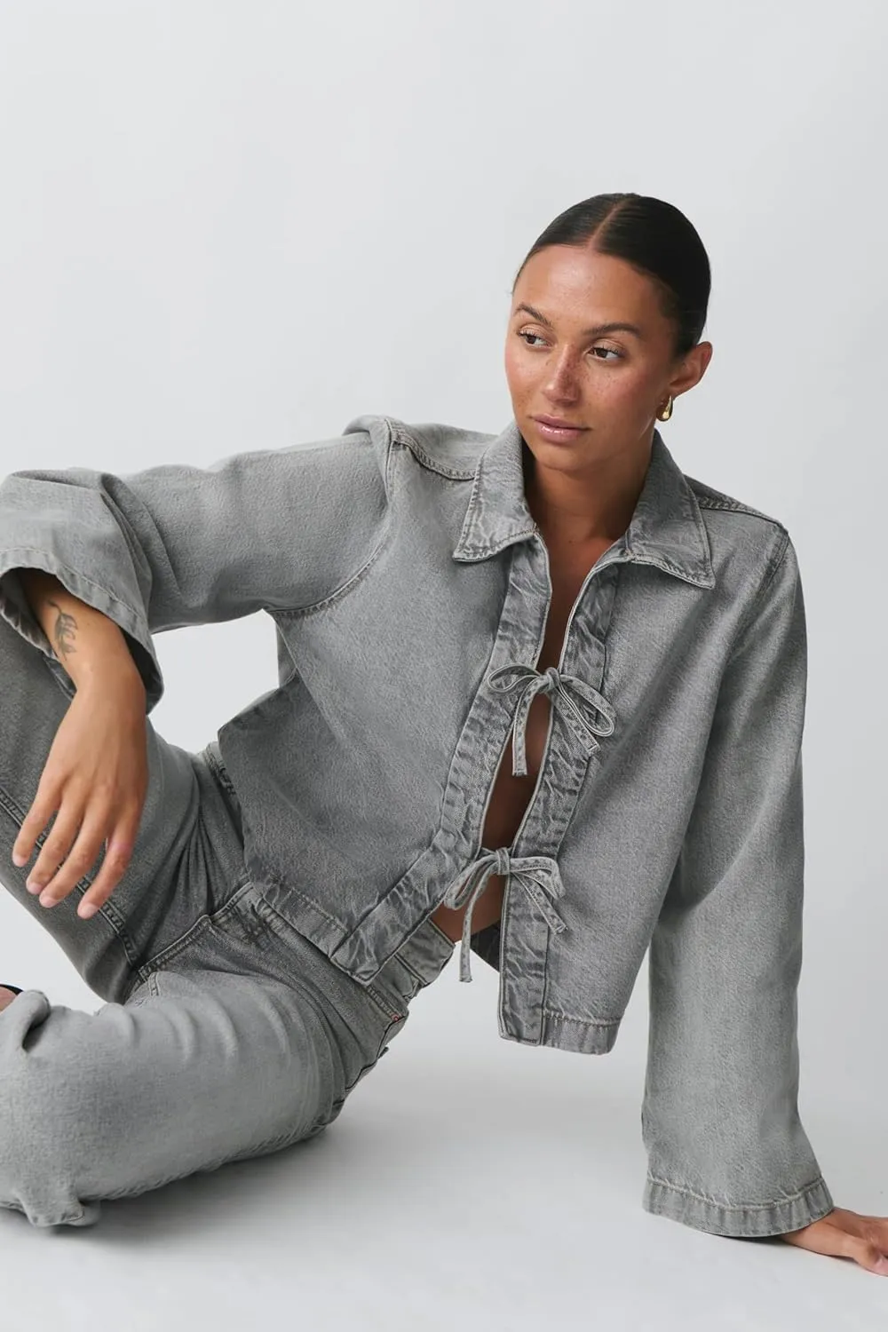 Womens Denim Jackets Shirt Y2k Casual Loose Fit Tie Front Tops Fashion Jean Coat