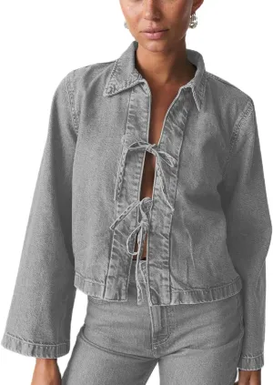 Womens Denim Jackets Shirt Y2k Casual Loose Fit Tie Front Tops Fashion Jean Coat
