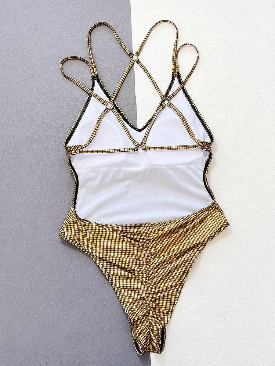 Women's Designer Golden Bikini Swimsuit | Sexy Beach Swimwear with Cover-Up