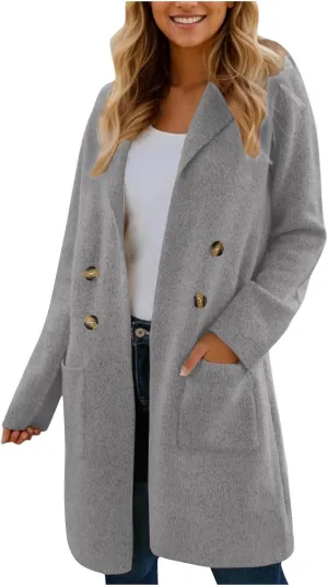 Womens Double Breasted Mid Long Trench Coat 2024 Lapel Collar Pea Coats Winter Wool with Pockets Outerwear