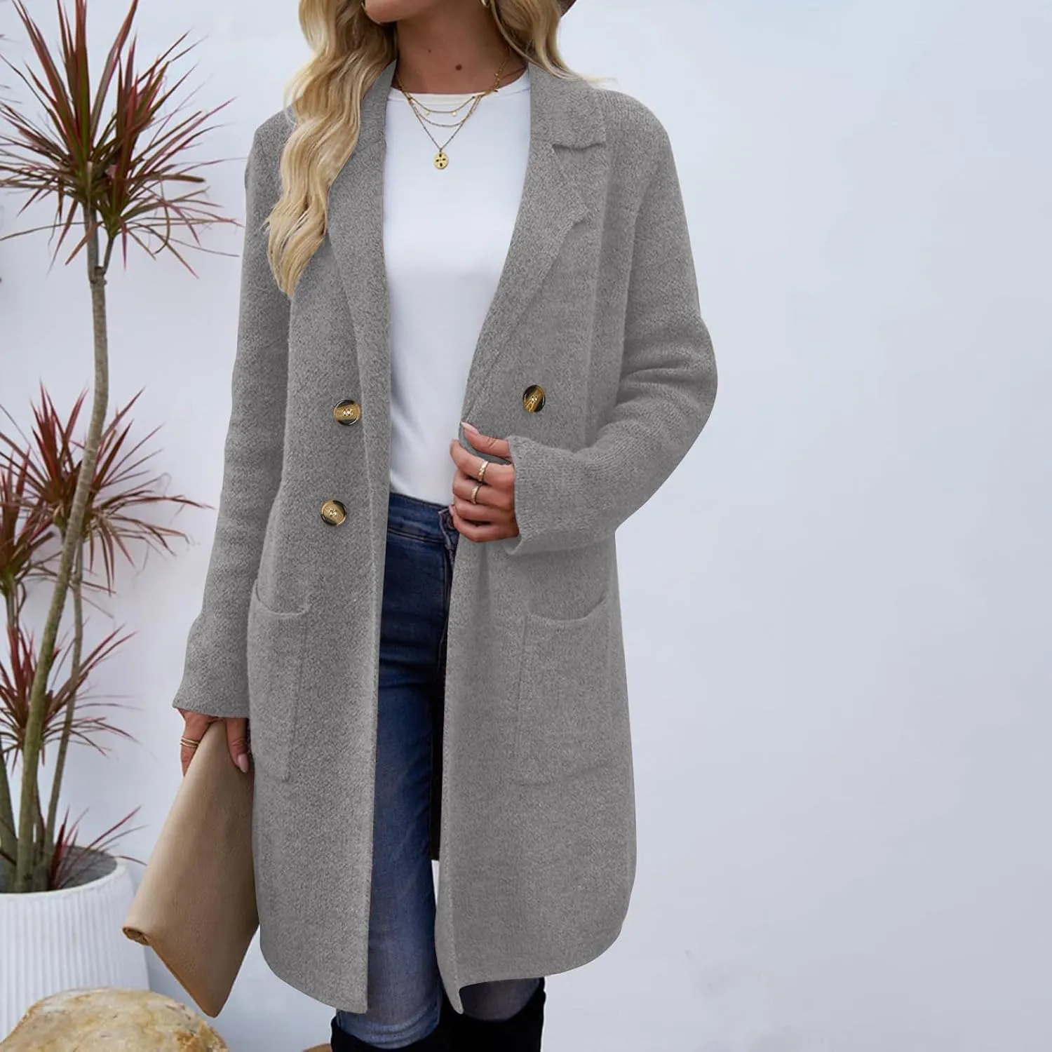 Womens Double Breasted Mid Long Trench Coat 2024 Lapel Collar Pea Coats Winter Wool with Pockets Outerwear
