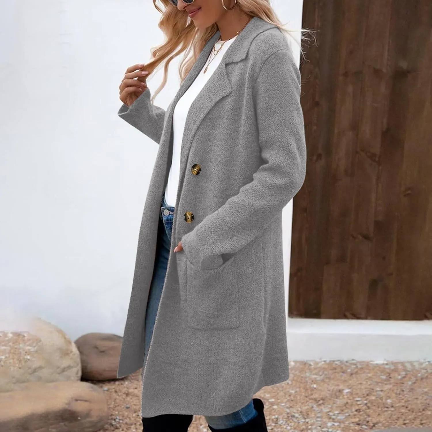 Womens Double Breasted Mid Long Trench Coat 2024 Lapel Collar Pea Coats Winter Wool with Pockets Outerwear