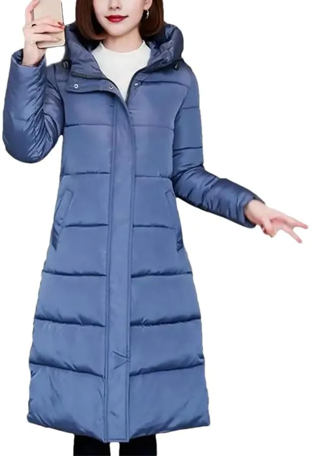 Women's Down Cotton Jacket Lightweight Padded Down Coat Winter Stand Collar Zipper Foldable Long Warm Coat