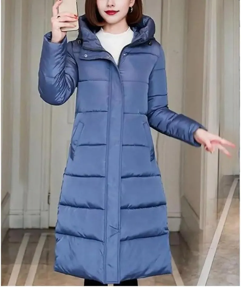 Women's Down Cotton Jacket Lightweight Padded Down Coat Winter Stand Collar Zipper Foldable Long Warm Coat