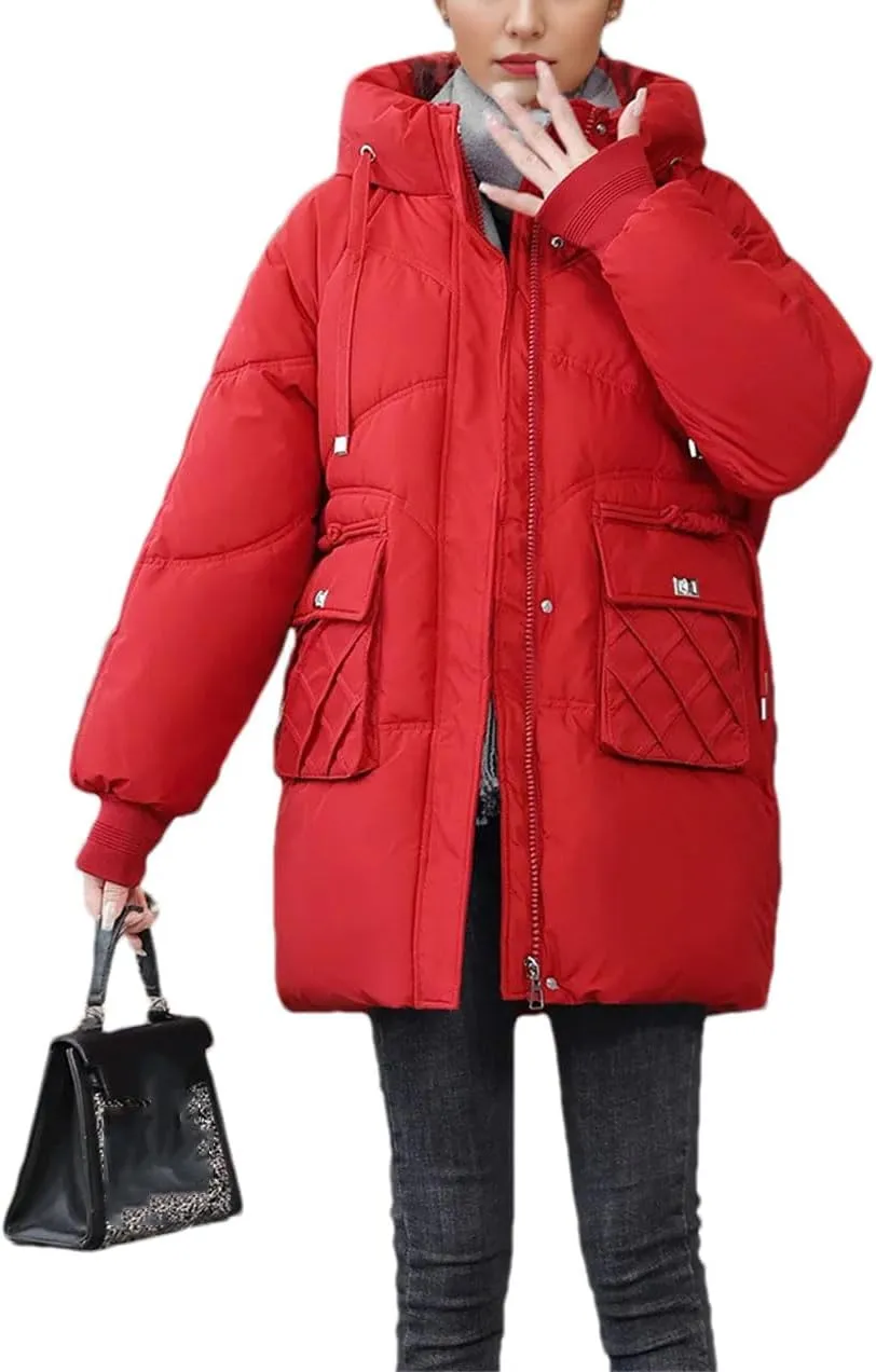 Women's Drawstring Hooded Stand Collar Parka Coat Warm Pocket Casual Zipper Cotton-Padded Jacket