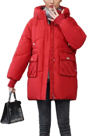 Women's Drawstring Hooded Stand Collar Parka Coat Warm Pocket Casual Zipper Cotton-Padded Jacket