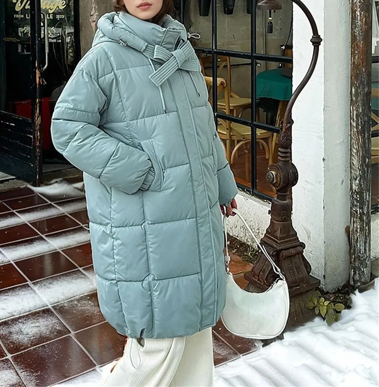 Women's Drawstring Hooded Warm Parka Coat Vintage Long Oversize Cotton-Padded Jacket