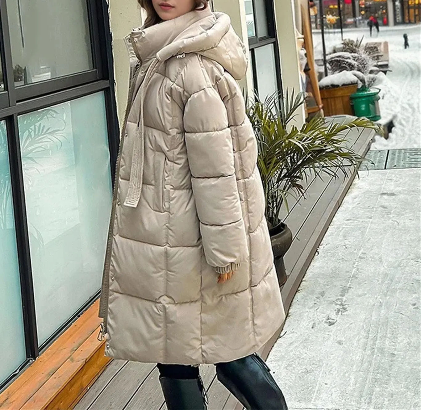 Women's Drawstring Hooded Warm Parka Coat Vintage Long Oversize Cotton-Padded Jacket