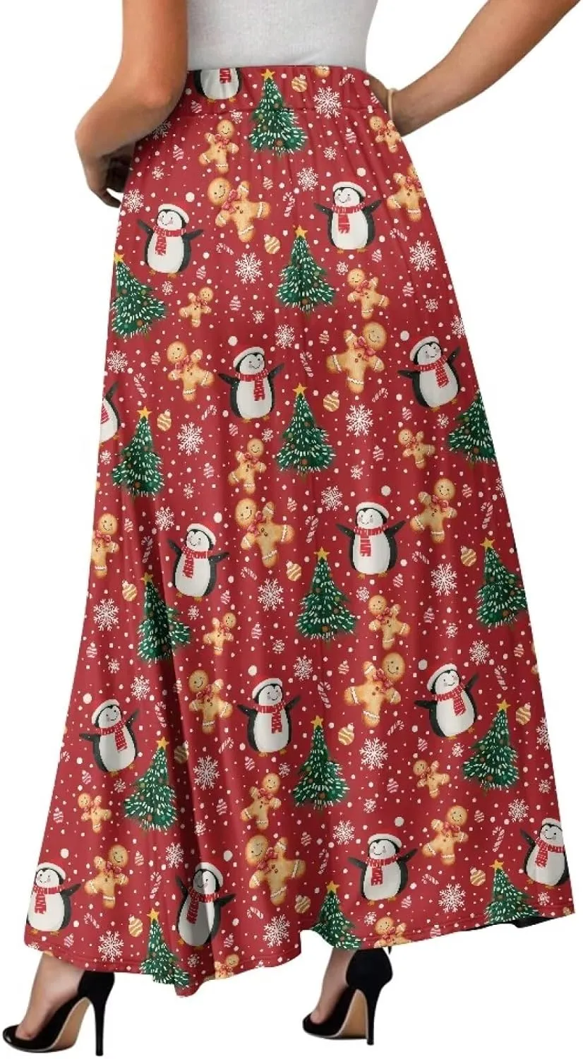 Womens Elastic High Waist Pleated A-Line Flared Maxi Skirts Soft Flowy Long Skirts with Pockets Casual Skirt S-2XL
