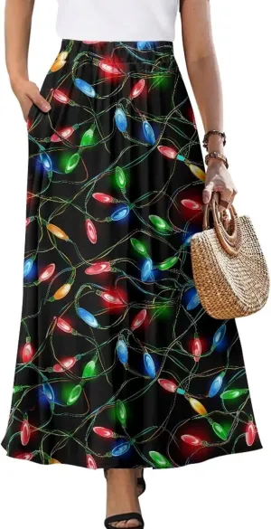 Womens Elastic High Waist Pleated A-Line Flared Maxi Skirts Soft Flowy Long Skirts with Pockets Casual Skirt S-2XL