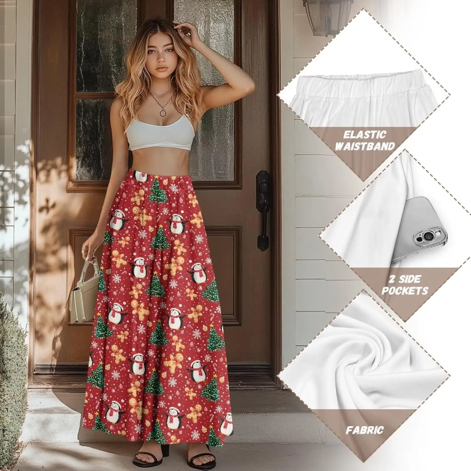 Womens Elastic High Waist Pleated A-Line Flared Maxi Skirts Soft Flowy Long Skirts with Pockets Casual Skirt S-2XL