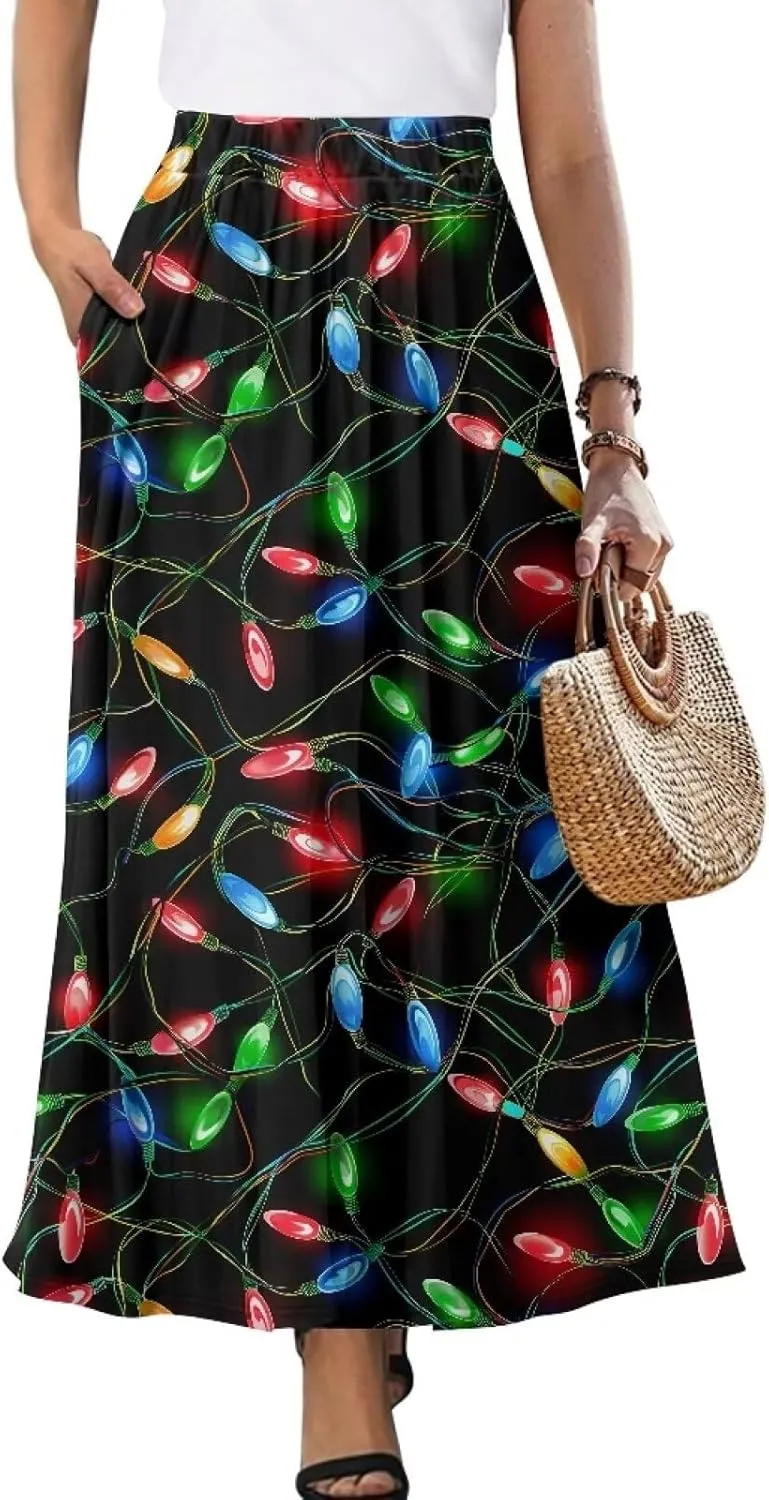 Womens Elastic High Waist Pleated A-Line Flared Maxi Skirts Soft Flowy Long Skirts with Pockets Casual Skirt S-2XL