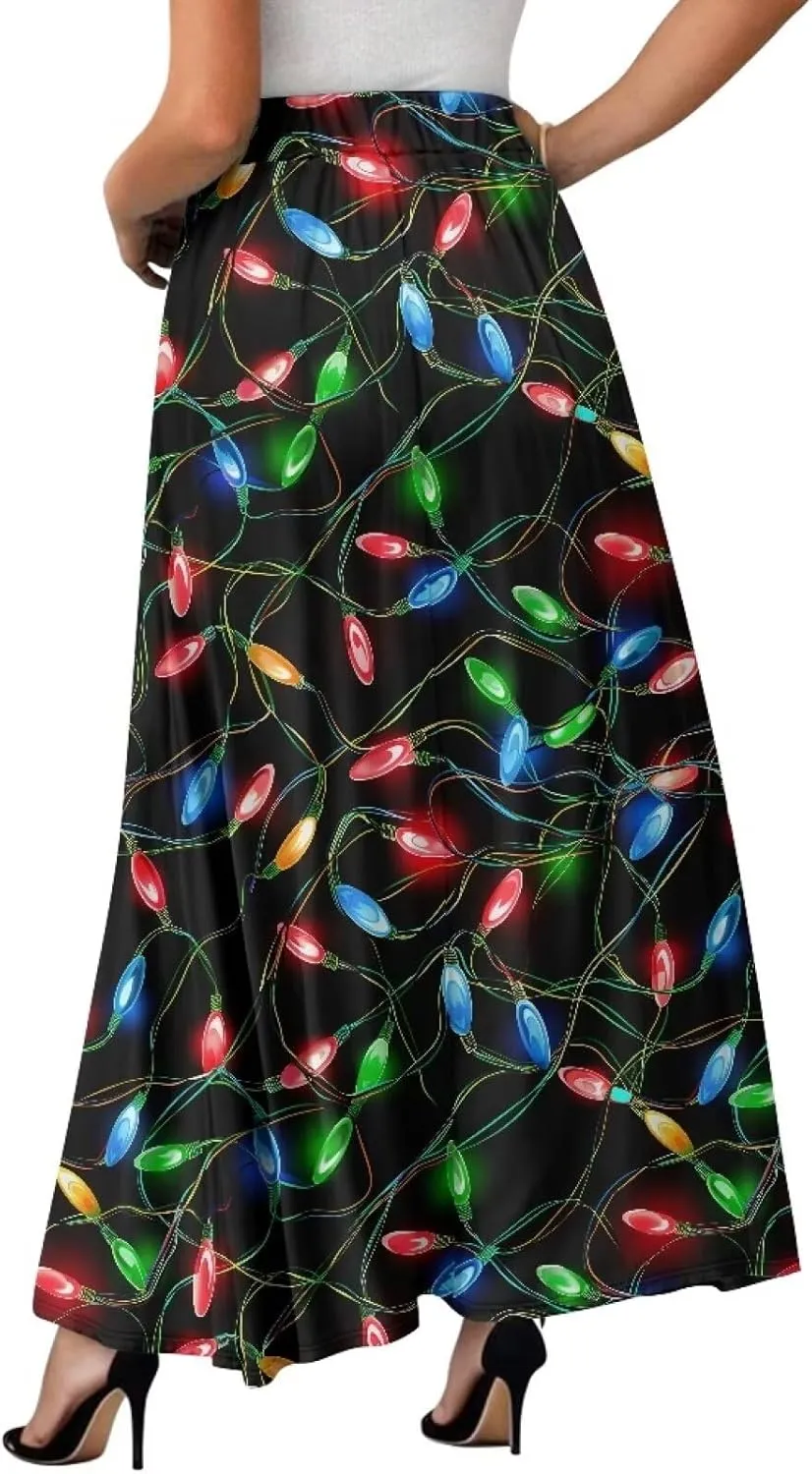 Womens Elastic High Waist Pleated A-Line Flared Maxi Skirts Soft Flowy Long Skirts with Pockets Casual Skirt S-2XL