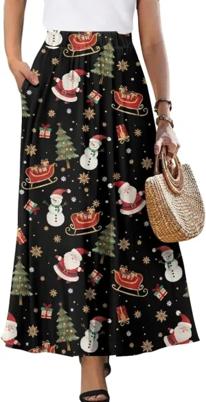 Womens Elastic High Waist Pleated A-Line Flared Maxi Skirts Soft Flowy Long Skirts with Pockets Casual Skirt S-2XL