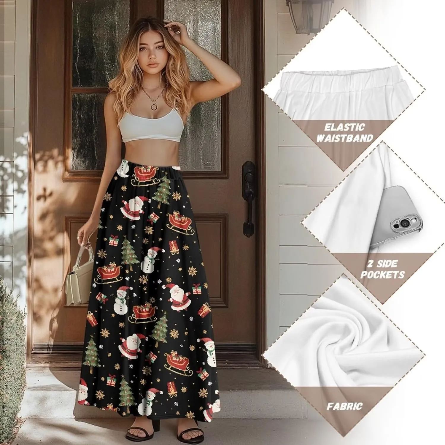 Womens Elastic High Waist Pleated A-Line Flared Maxi Skirts Soft Flowy Long Skirts with Pockets Casual Skirt S-2XL