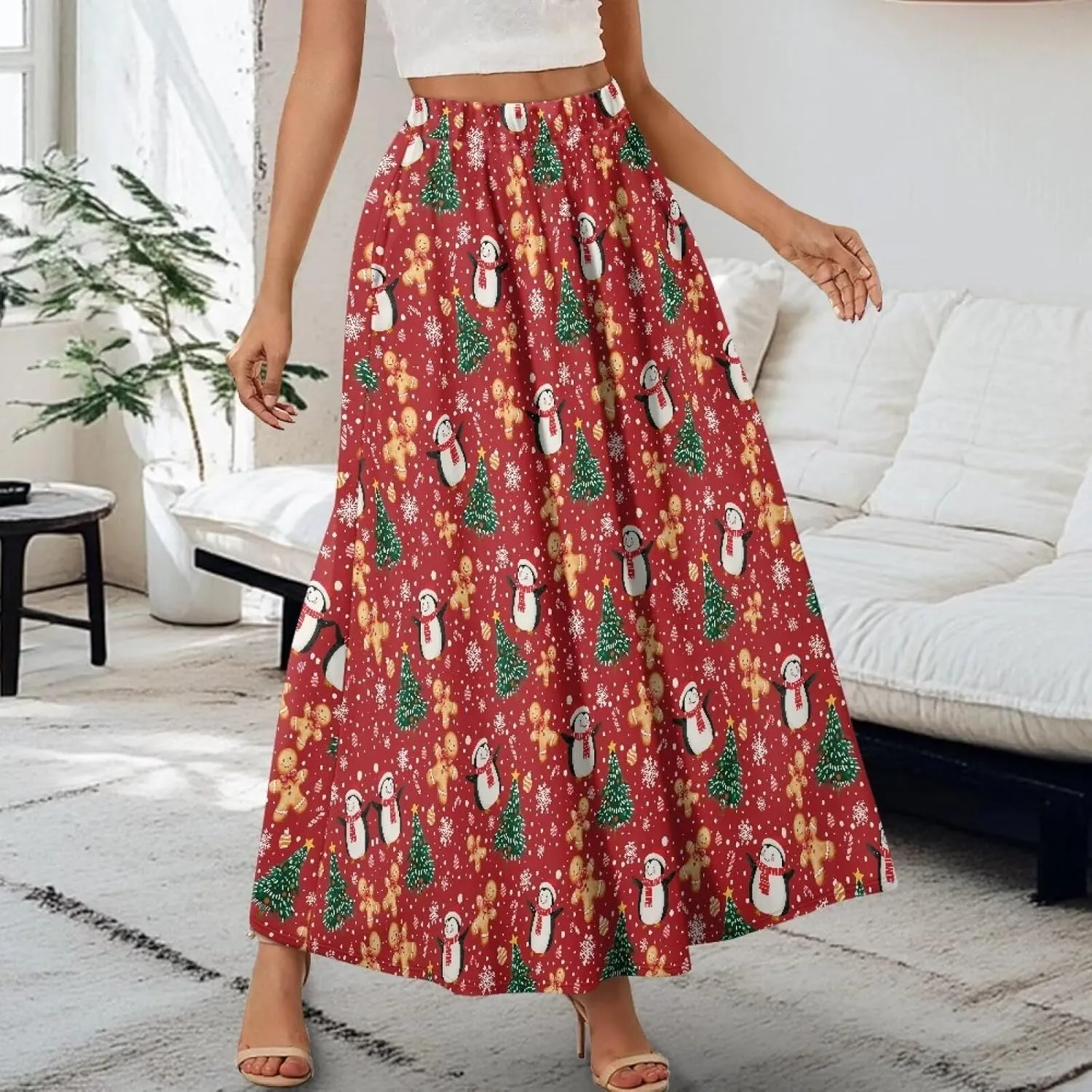 Womens Elastic High Waist Pleated A-Line Flared Maxi Skirts Soft Flowy Long Skirts with Pockets Casual Skirt S-2XL
