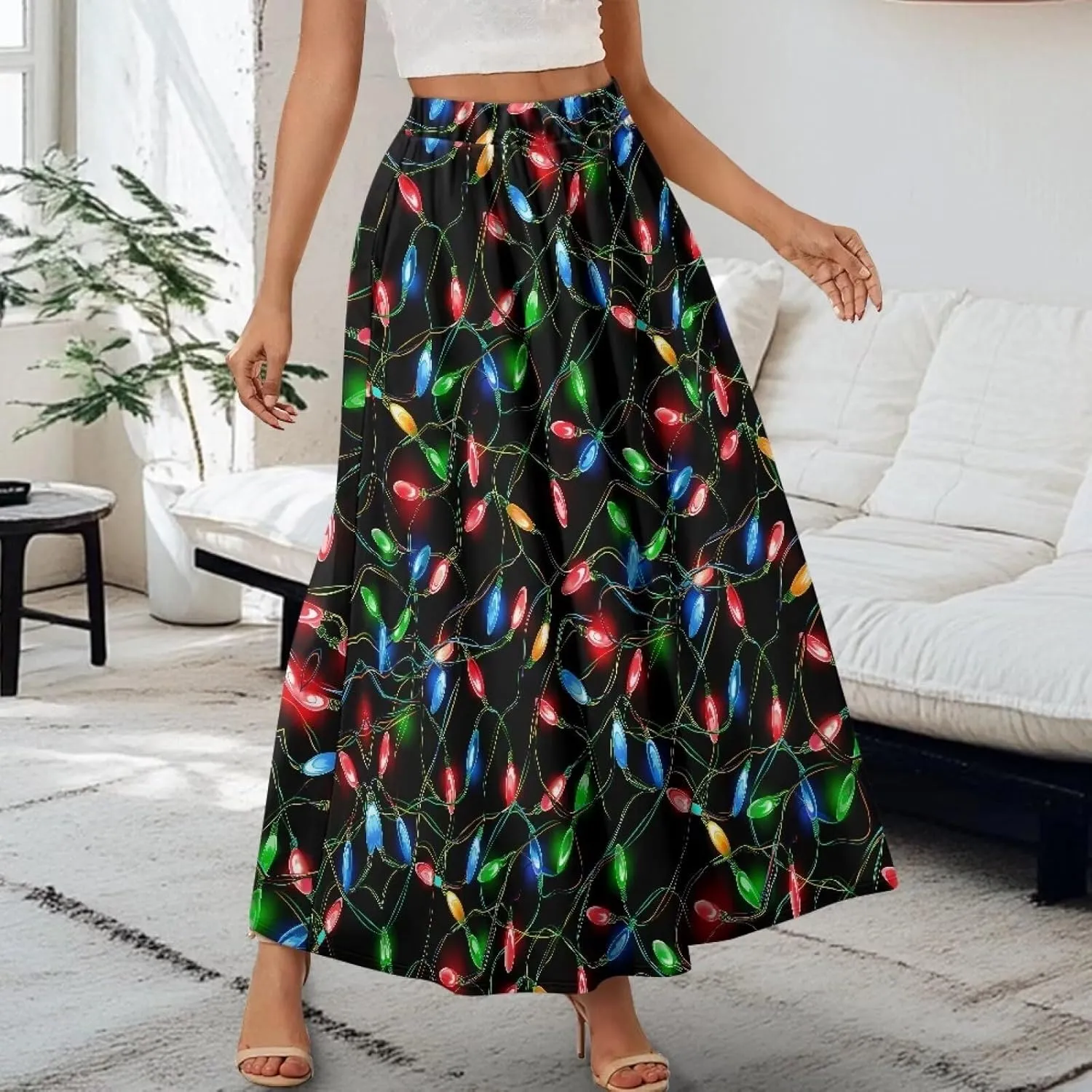 Womens Elastic High Waist Pleated A-Line Flared Maxi Skirts Soft Flowy Long Skirts with Pockets Casual Skirt S-2XL