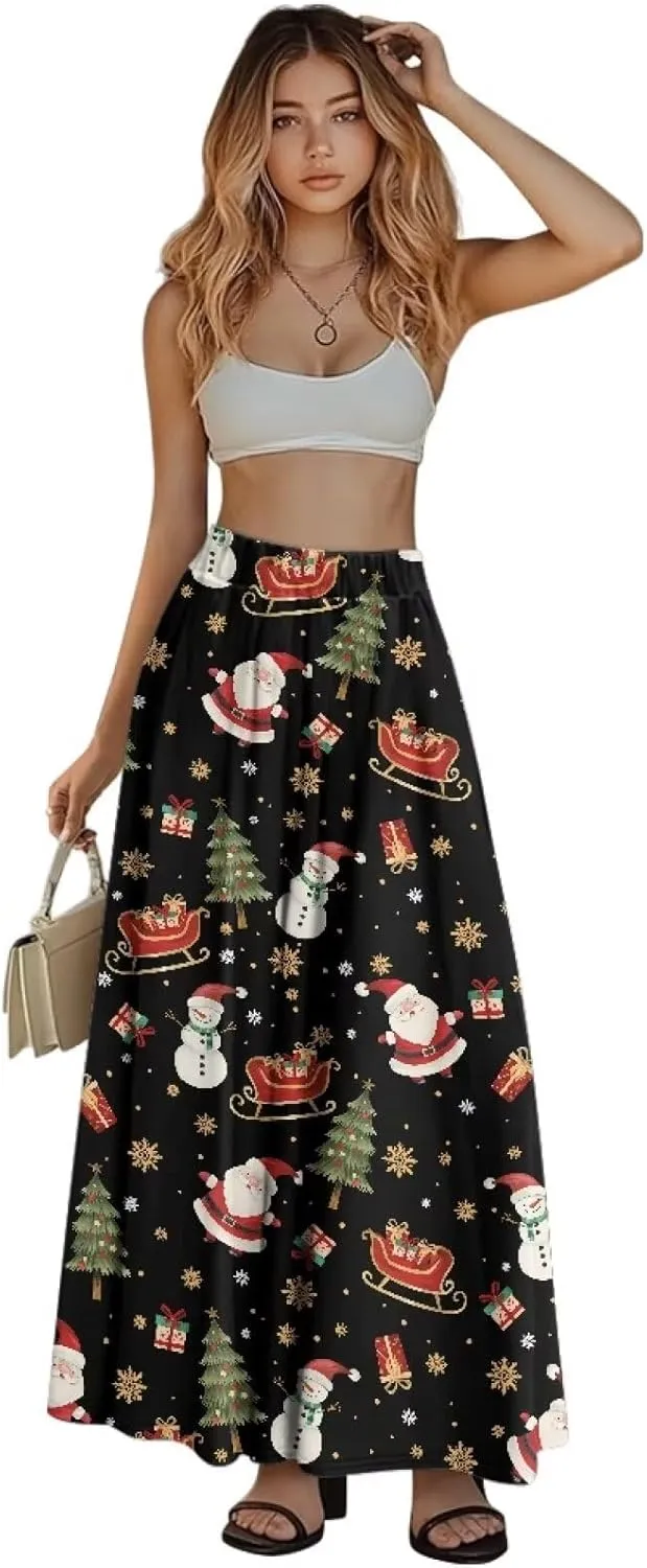 Womens Elastic High Waist Pleated A-Line Flared Maxi Skirts Soft Flowy Long Skirts with Pockets Casual Skirt S-2XL