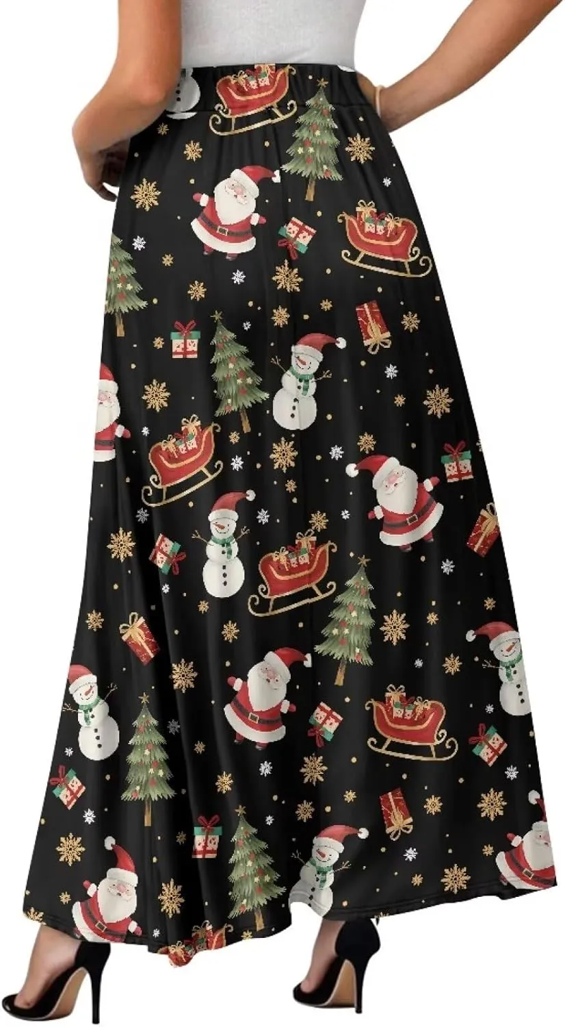 Womens Elastic High Waist Pleated A-Line Flared Maxi Skirts Soft Flowy Long Skirts with Pockets Casual Skirt S-2XL