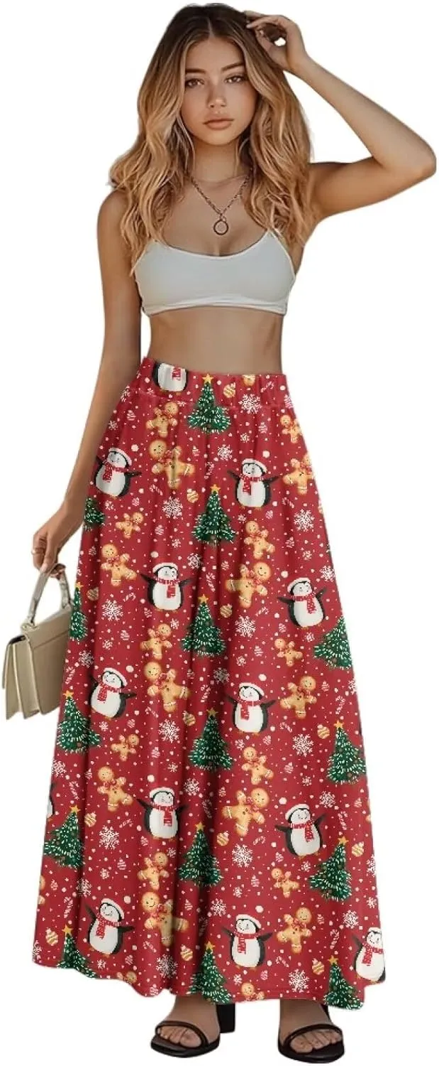 Womens Elastic High Waist Pleated A-Line Flared Maxi Skirts Soft Flowy Long Skirts with Pockets Casual Skirt S-2XL