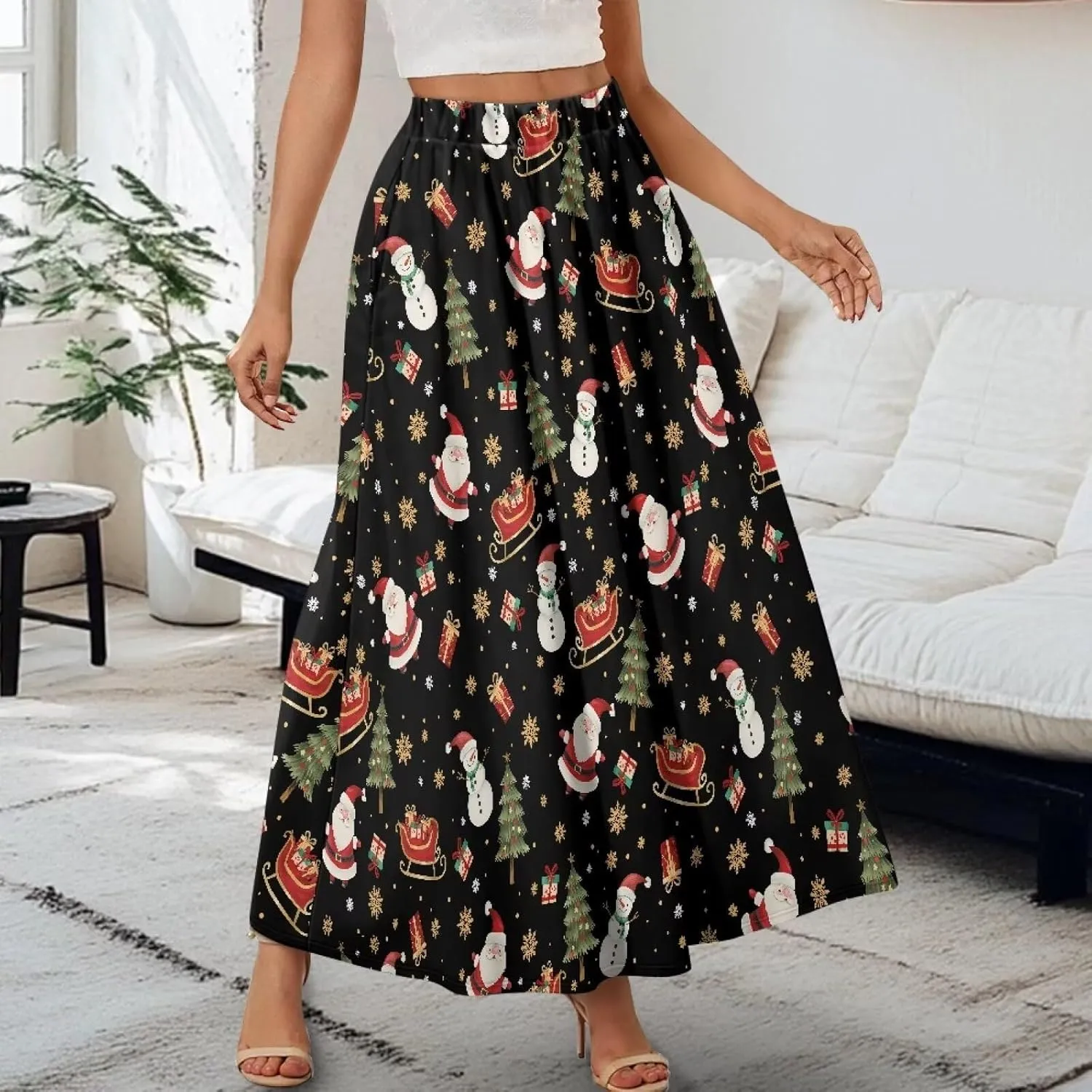 Womens Elastic High Waist Pleated A-Line Flared Maxi Skirts Soft Flowy Long Skirts with Pockets Casual Skirt S-2XL