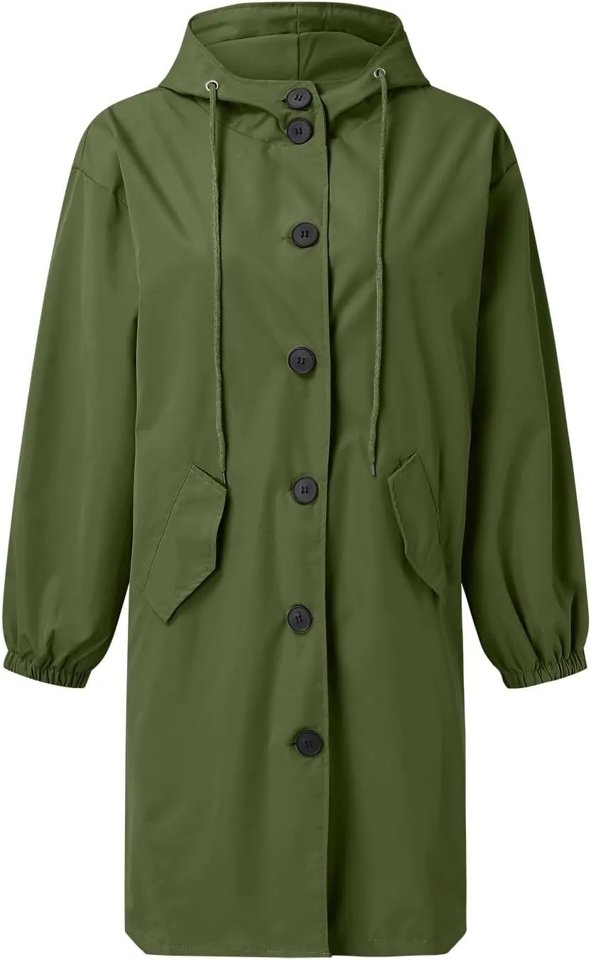 Womens Elegant Single Breasted Trench Coat Long Sleeve Pocket Hooded Outwear Comfy Lightweight Soft Windbreaker Suits