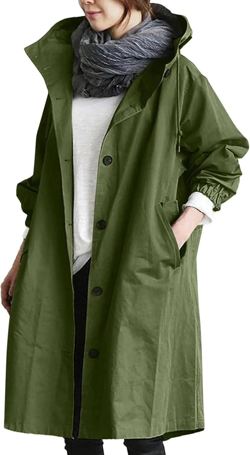 Womens Elegant Single Breasted Trench Coat Long Sleeve Pocket Hooded Outwear Comfy Lightweight Soft Windbreaker Suits