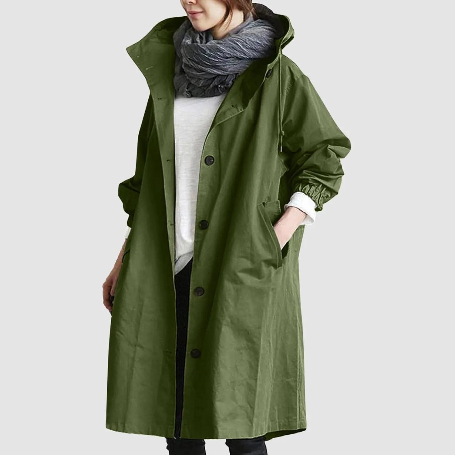 Womens Elegant Single Breasted Trench Coat Long Sleeve Pocket Hooded Outwear Comfy Lightweight Soft Windbreaker Suits