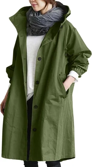 Womens Elegant Single Breasted Trench Coat Long Sleeve Pocket Hooded Outwear Comfy Lightweight Soft Windbreaker Suits