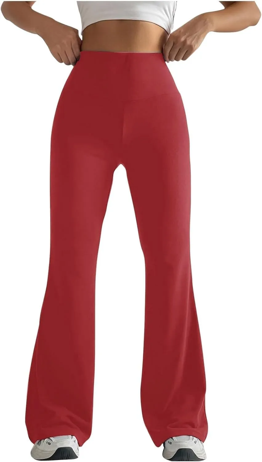 Women's Flared Yoga Pants Stretch Tummy Control High Waist Leggings Solid Slim Fitted Active Workout Bootcut Trousers