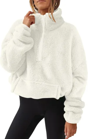 Womens Fleece Pullover Fuzzy Half Zip Sweater Oversized Sherpa Sweatshirt with Pockets Warm Winter Clothes for Women