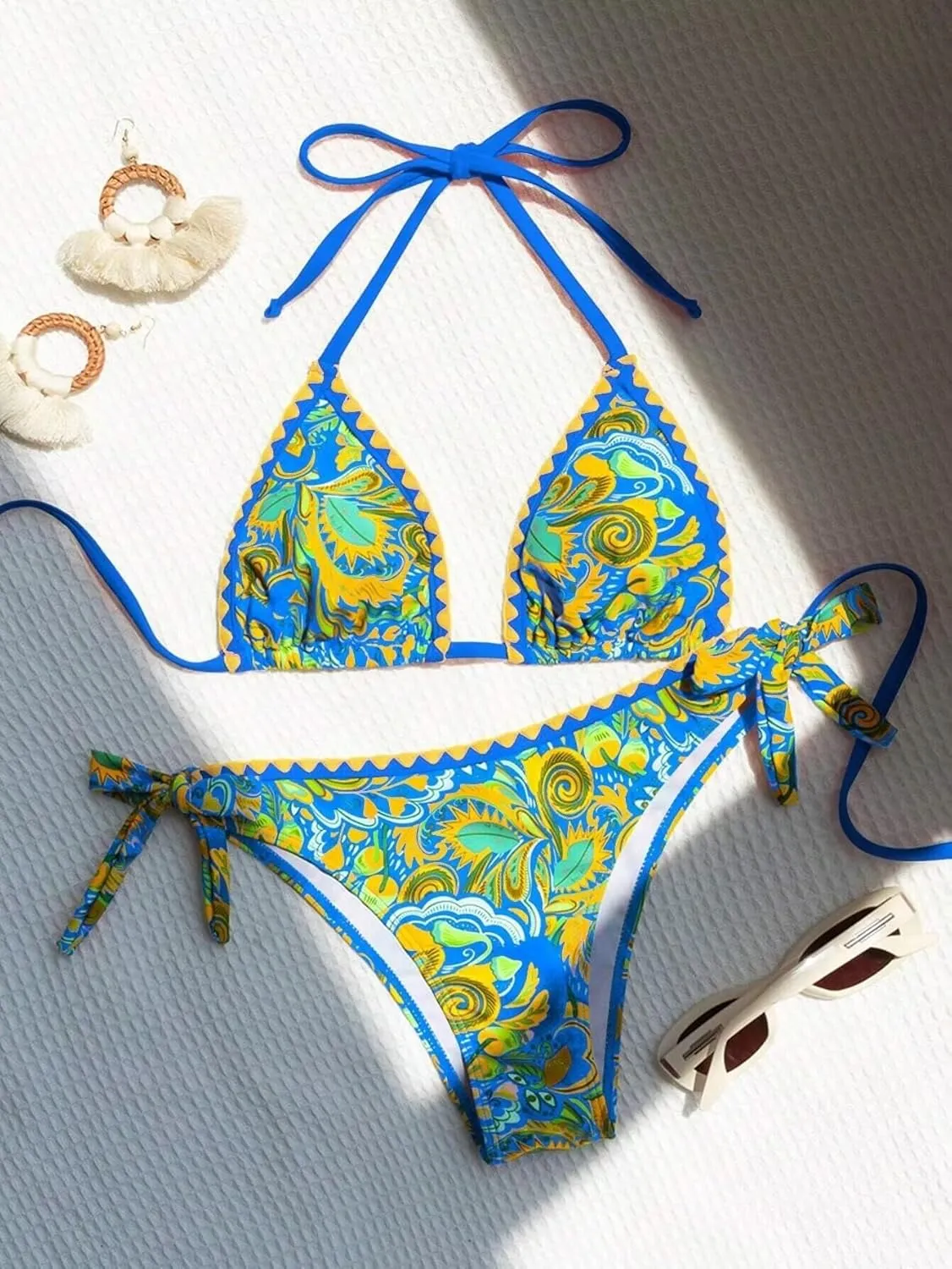 Women's Floral Cute Bathing Suit High Waisted Triangle Tie Side Swimsuit Bikini Set