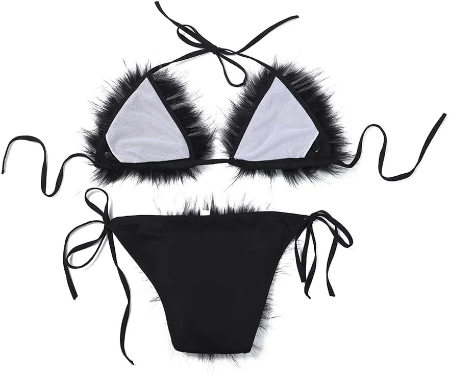 Womens Furry Faux Fur Bikini Sets Two Piece Halter String Triangle Swimsuits Bathing Suit