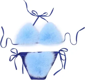 Womens Furry Faux Fur Bikini Sets Two Piece Halter String Triangle Swimsuits Bathing Suit