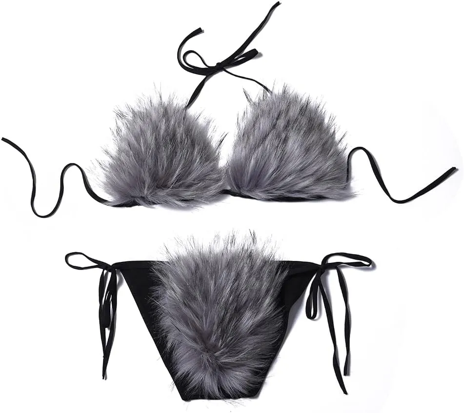 Womens Furry Faux Fur Bikini Sets Two Piece Halter String Triangle Swimsuits Bathing Suit